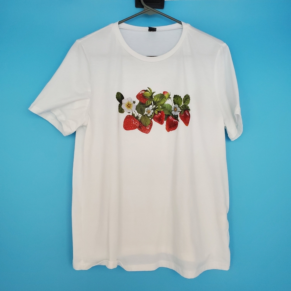 SHEIN Tee Women's Size Large White Strawberry